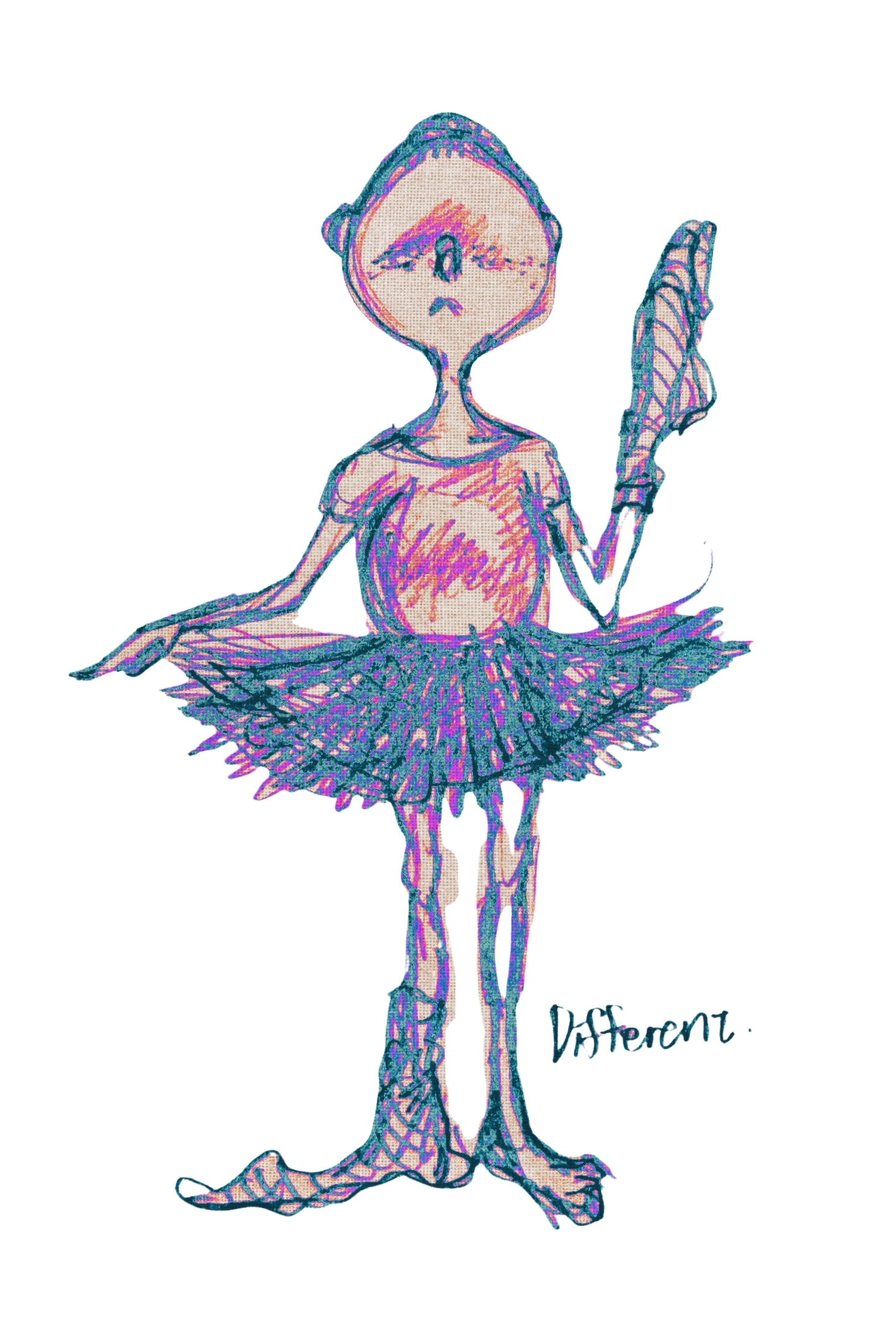 Mana’s drawing of a figure holding a pen.