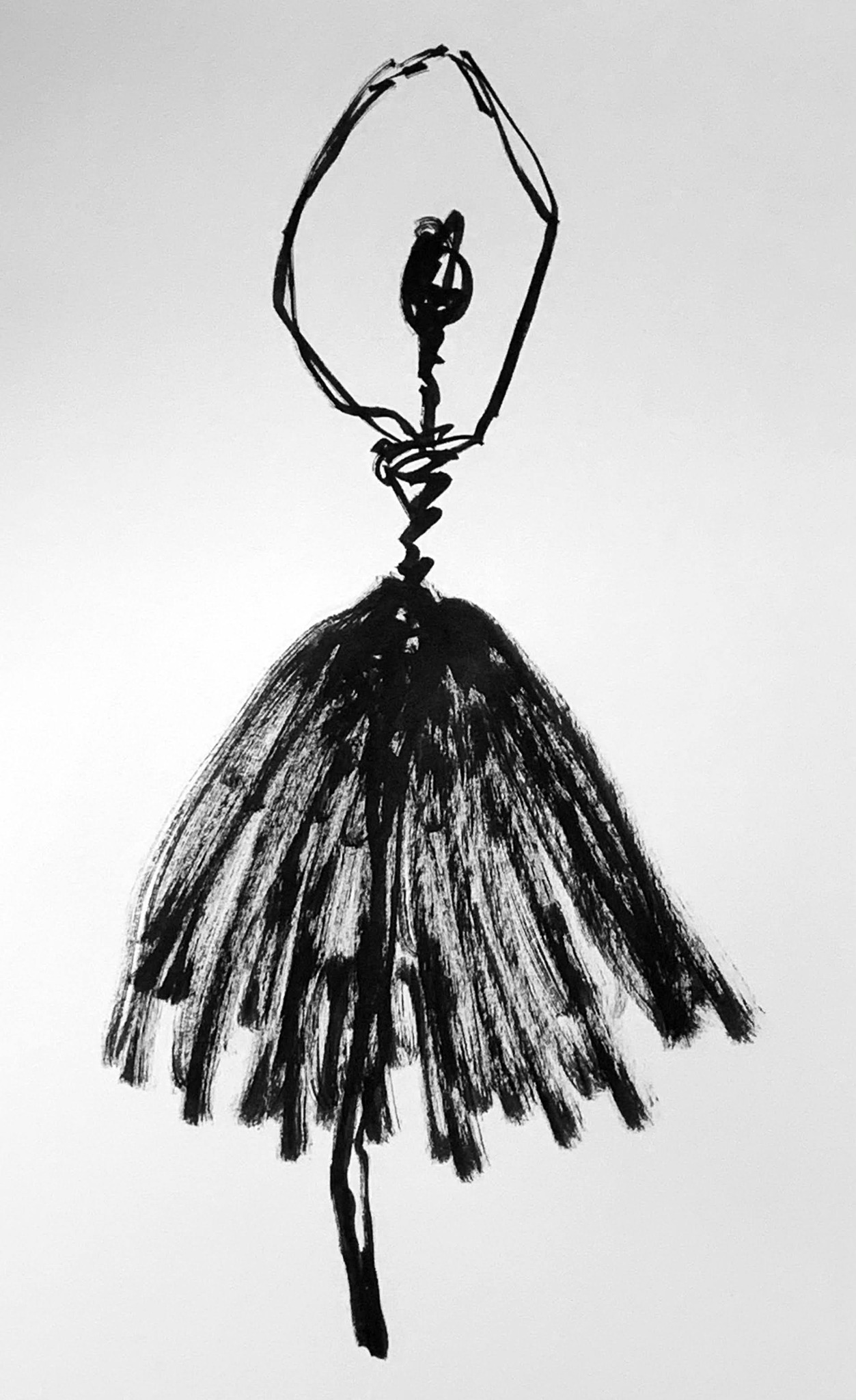 An ink drawing of a ballerina with both arms raised.