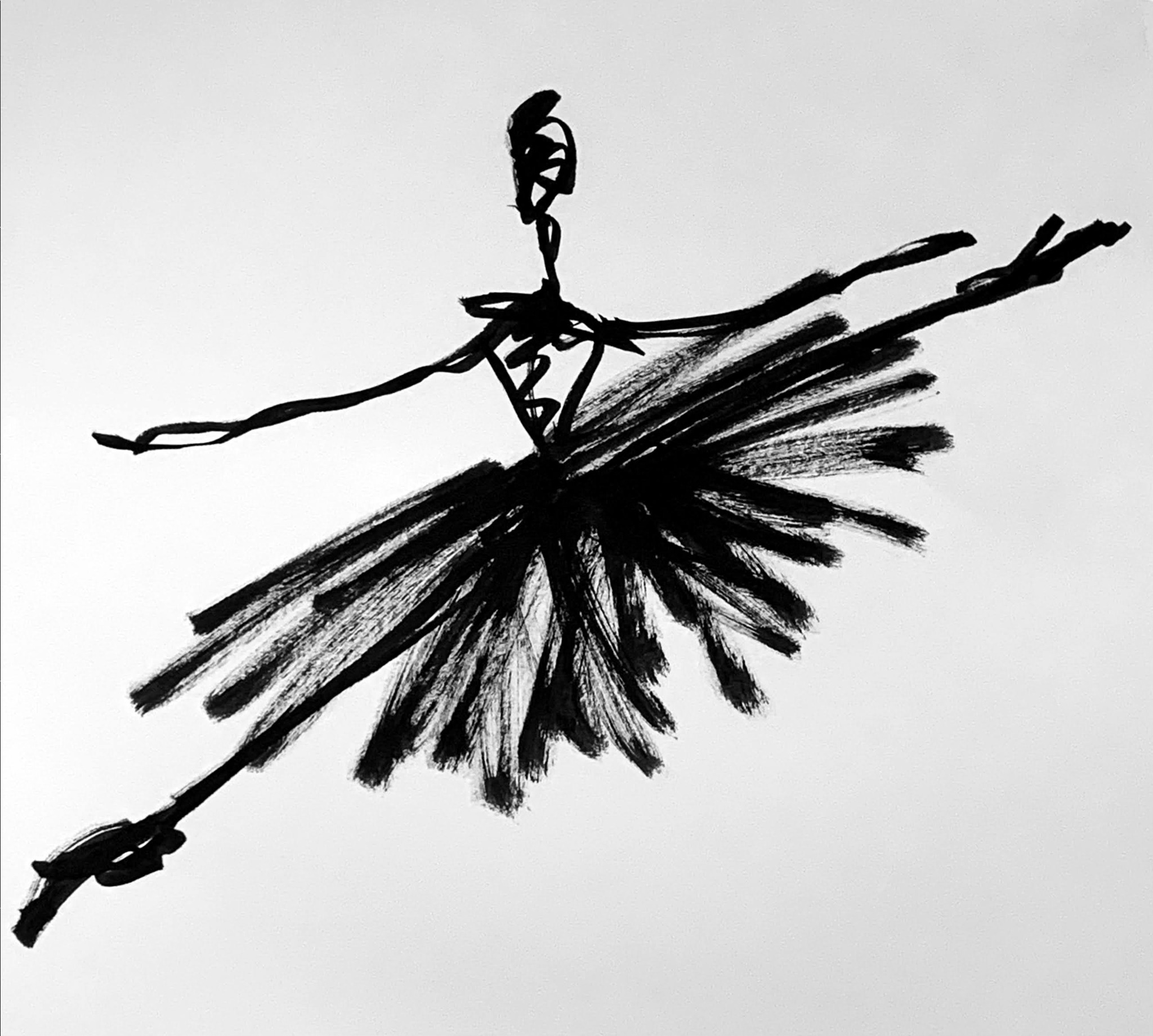 An ink drawing of a ballerina with arms and one leg extended.
