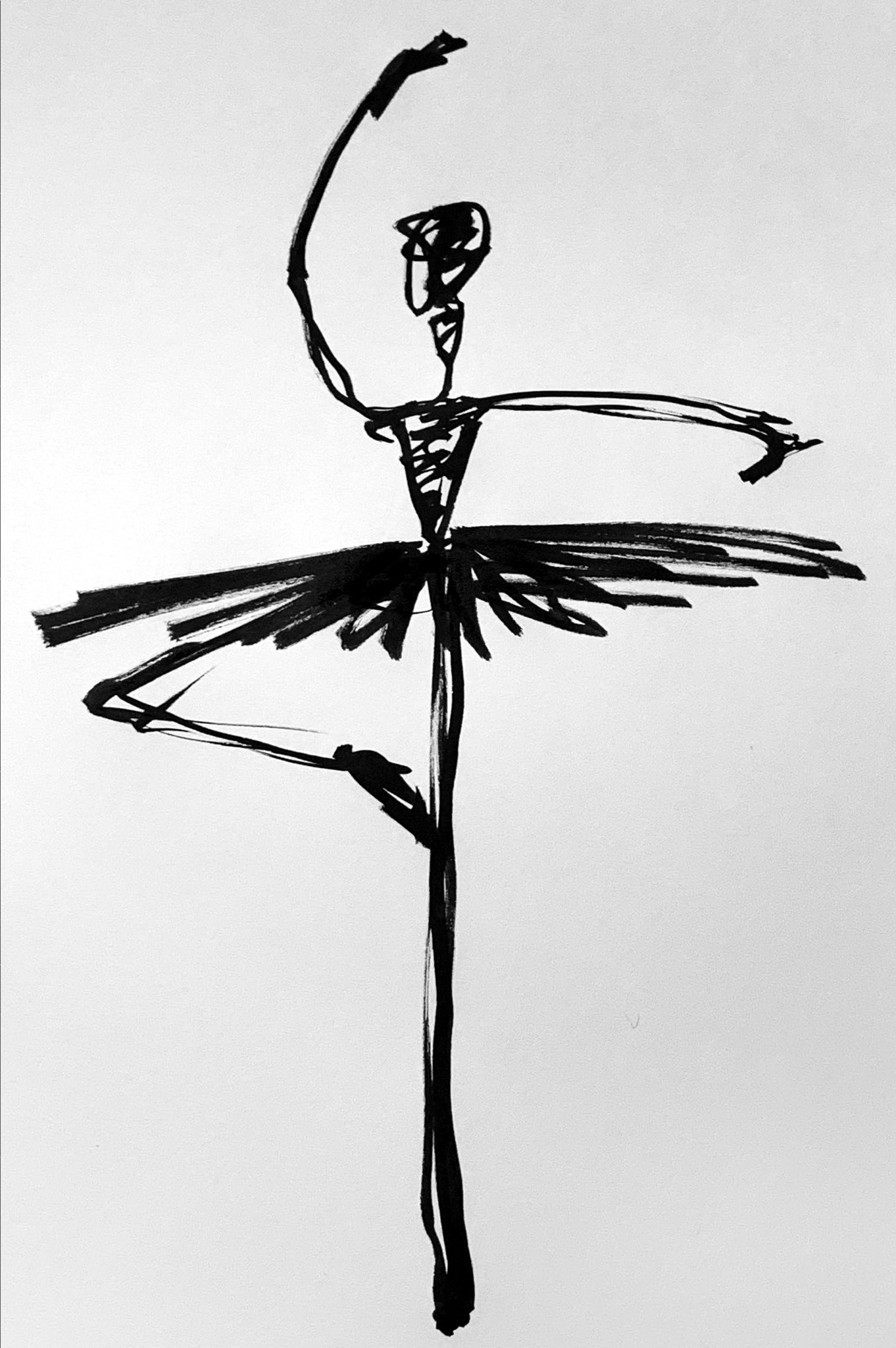 An ink drawing of a ballerina balancing with one arm raised.