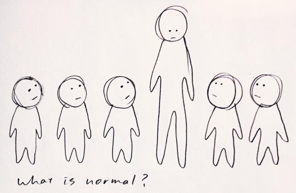 A line drawing of people of different heights with the handwritten question What is normal?