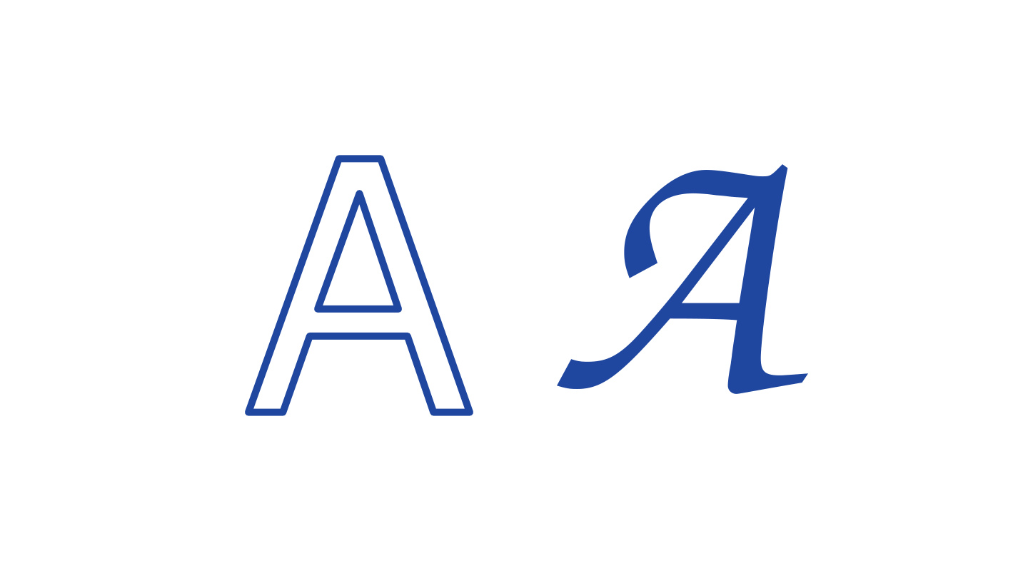 An outlined A beside a calligraphic A, representing different voices.